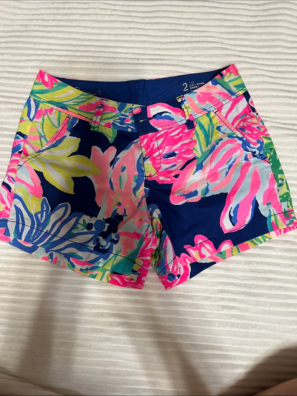 Lilly Pulitzer Navy Floral Bermuda Shorts with Pink & Green Print